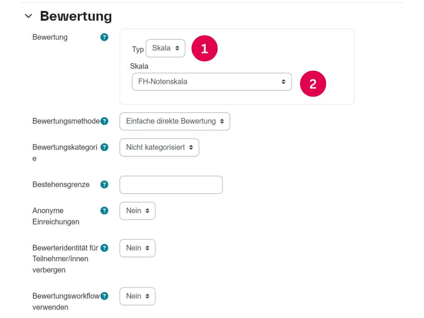 Screenshot der Moodle-Bewertungseinstellungen mit Typ Skala und FH-Notenskala