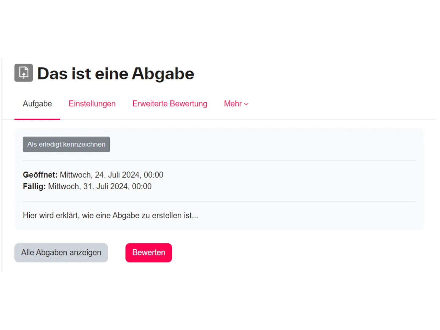Screenshot der Verwaltungsmöglichkeiten einer Moodle-Aufgabe