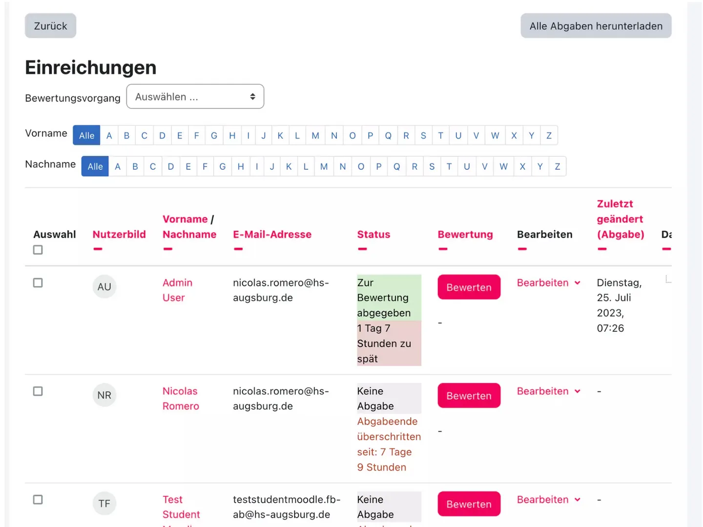 Screenshot der Moodle-Funktion Alle Abgaben herunterladen