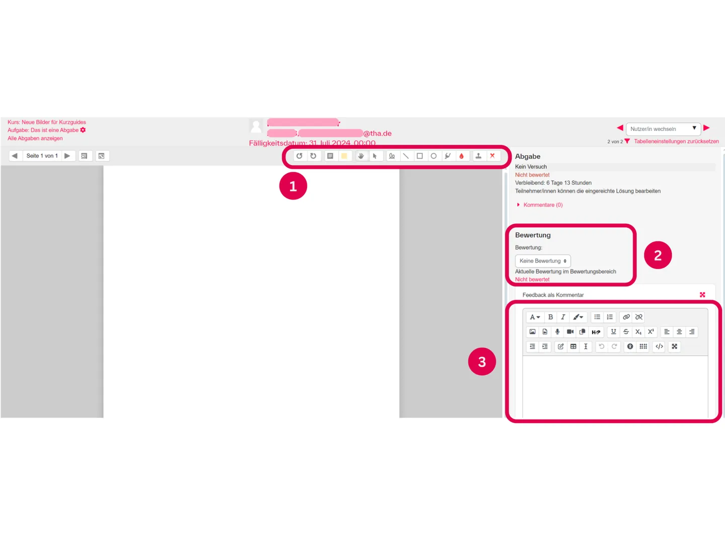 Screenshot der Moodle-Bewertungsansicht mit PDF-Bearbeitung, Punktzahl und Feedback