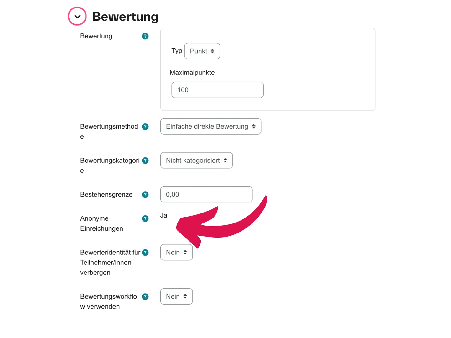 Screenshot der Moodle-Aufgabeneinstellung Anonyme Einreichungen