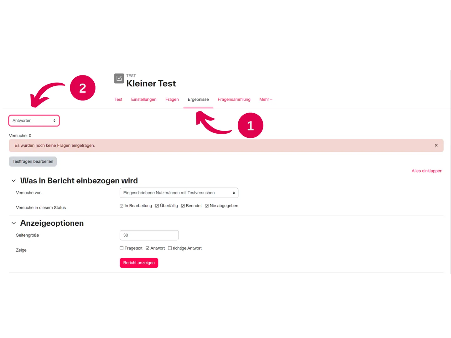 Screenshot der Moodle-Testergebnisse mit Exportmöglichkeit für Antworten und Bewertung