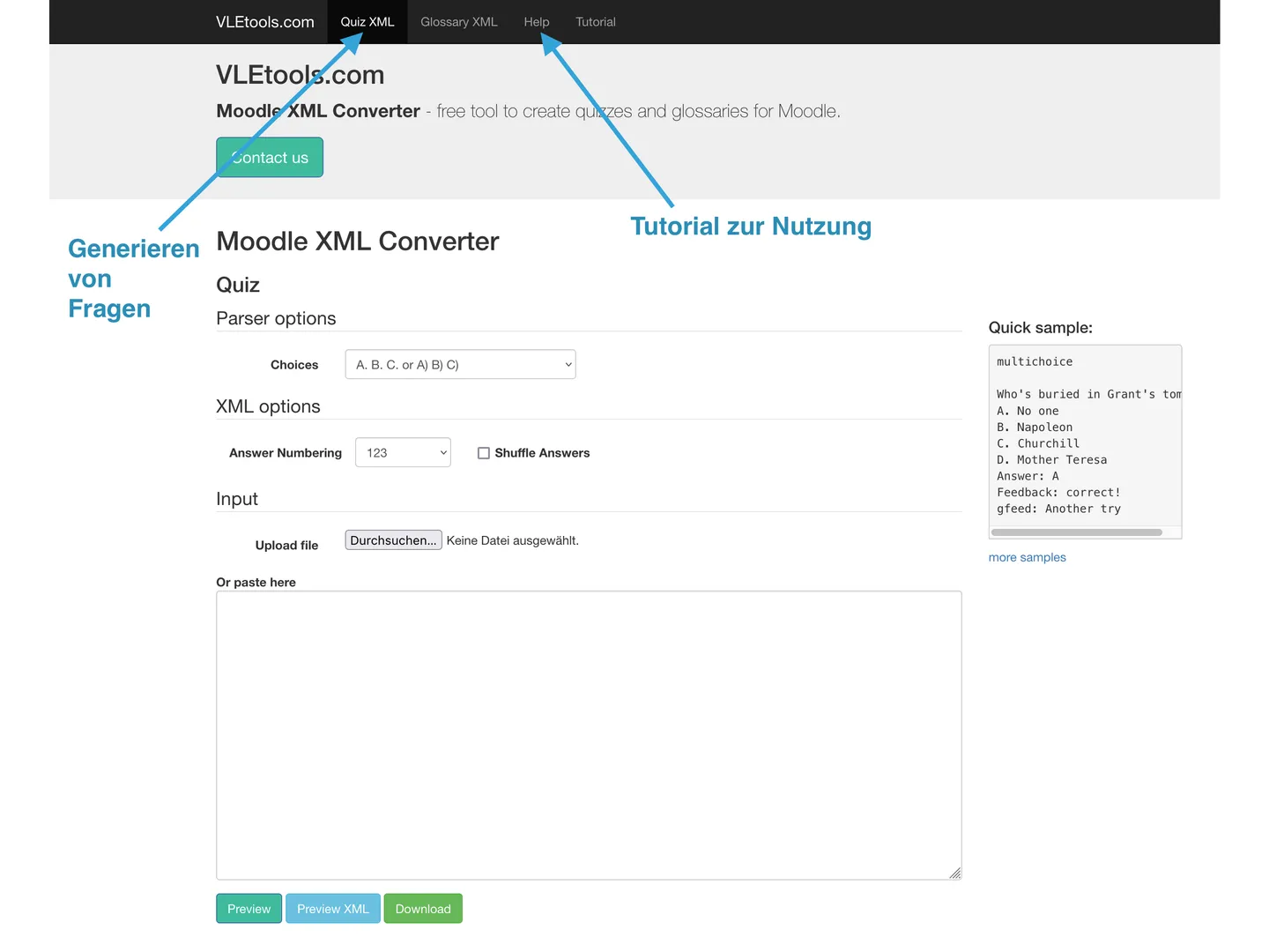 Screenshot des VLEtools Moodle XML Converters