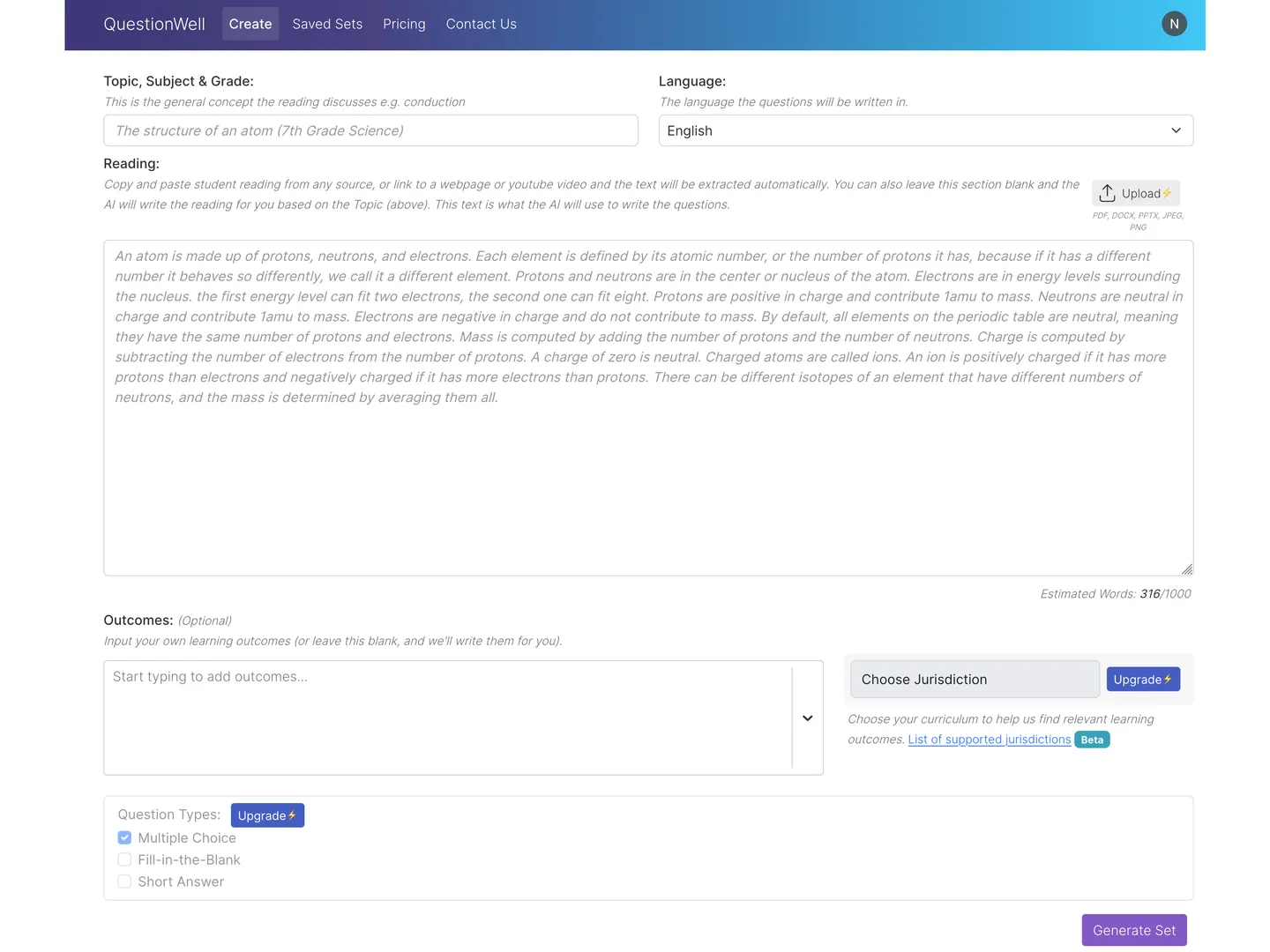 Screenshot der Webseite Questionwell mit automatisch erstellten Quizfragen