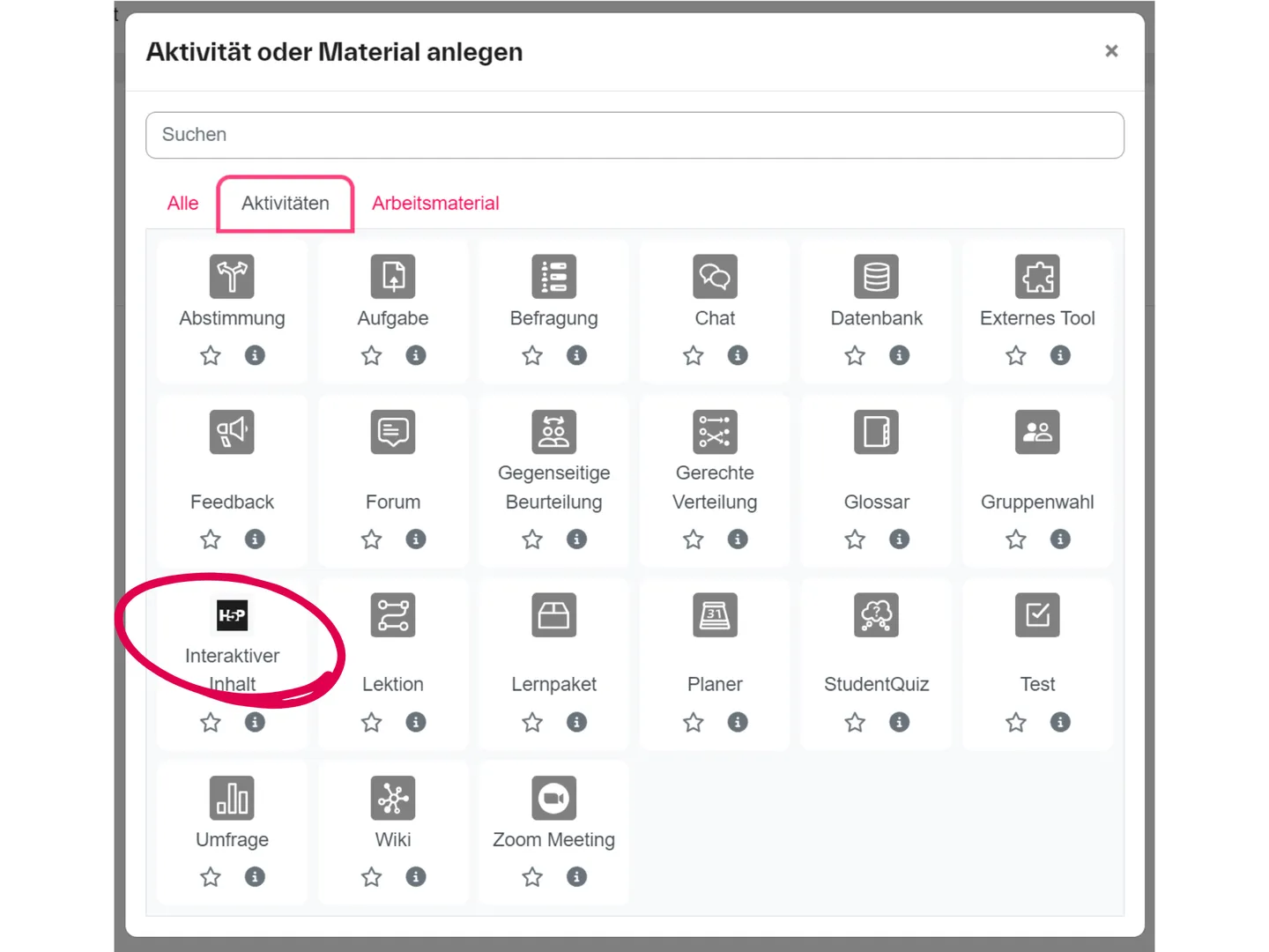 Screenshot der Moodle-Auswahl Aktivität oder Material anlegen mit markierter Aktivität Interaktiver Inhalt