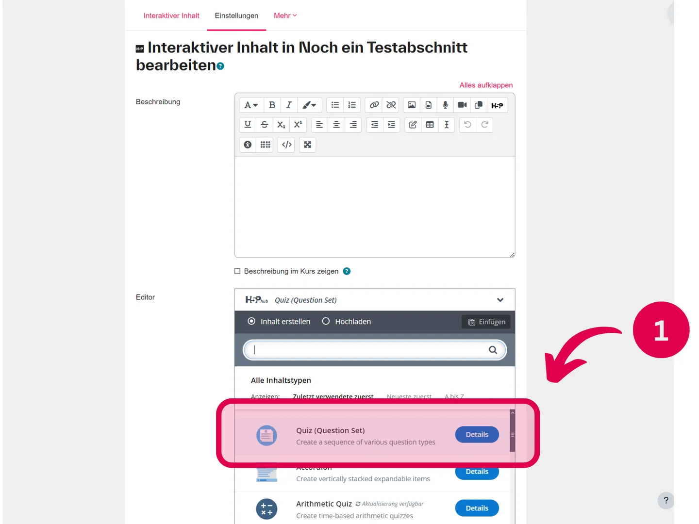 Screenshot der H5P-Inhaltstypen mit markiertem Quiz (Question Set)