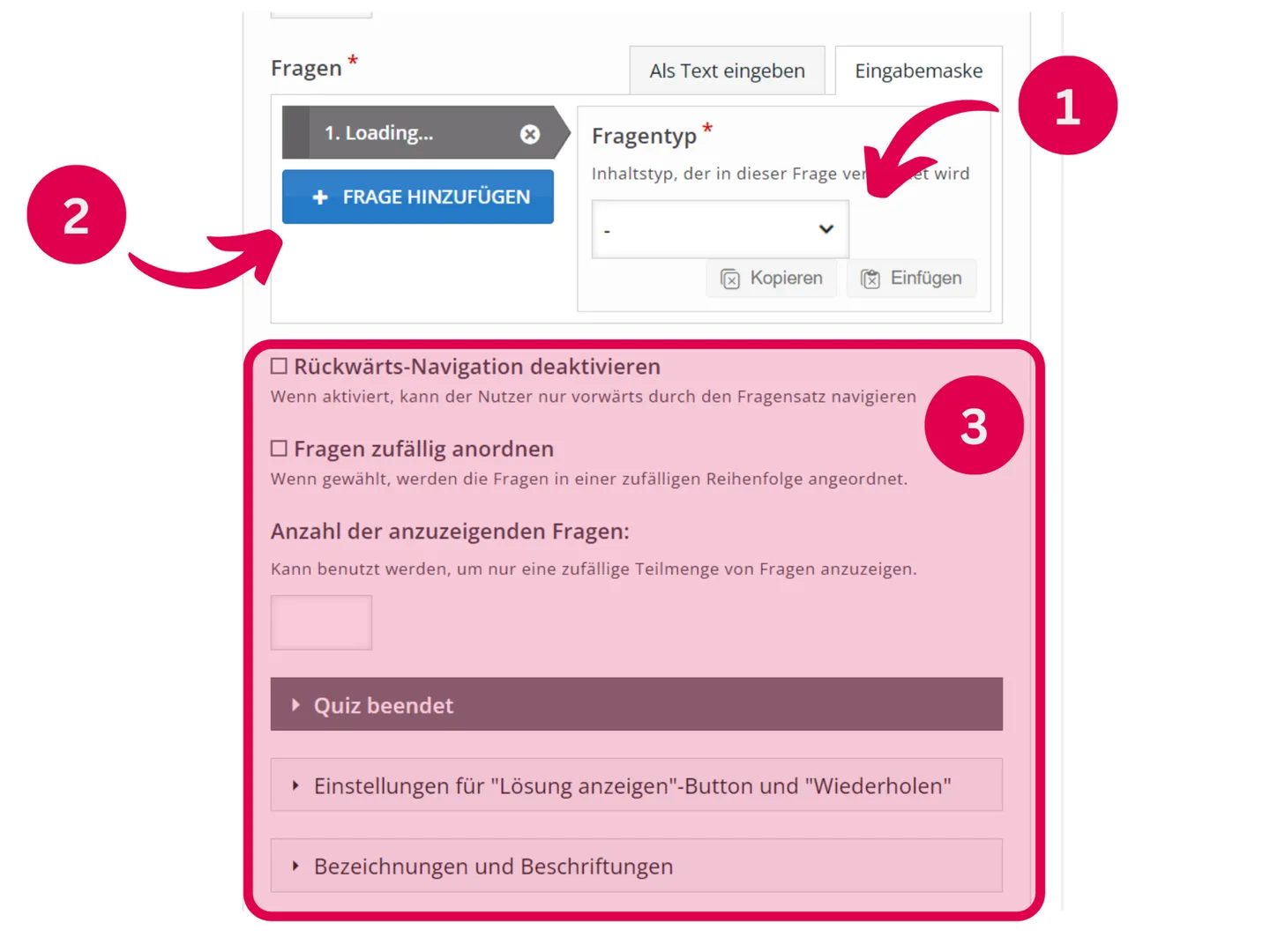 Screenshot der Einstellungen eines H5P-Quiz mit Fragetyp-Auswahl und Schaltfläche Frage hinzufügen
