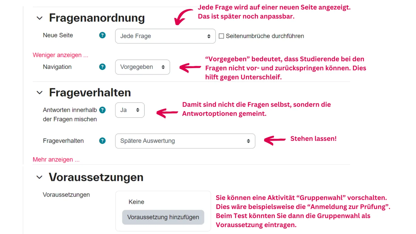 Screenshot der Moodle-Testeinstellungen zur Navigation und Seitenaufteilung