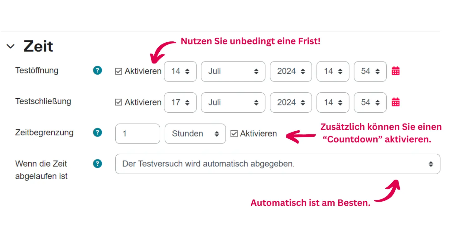Screenshot der Moodle-Testeinstellungen zu Zeitplanung und Zeitbegrenzung