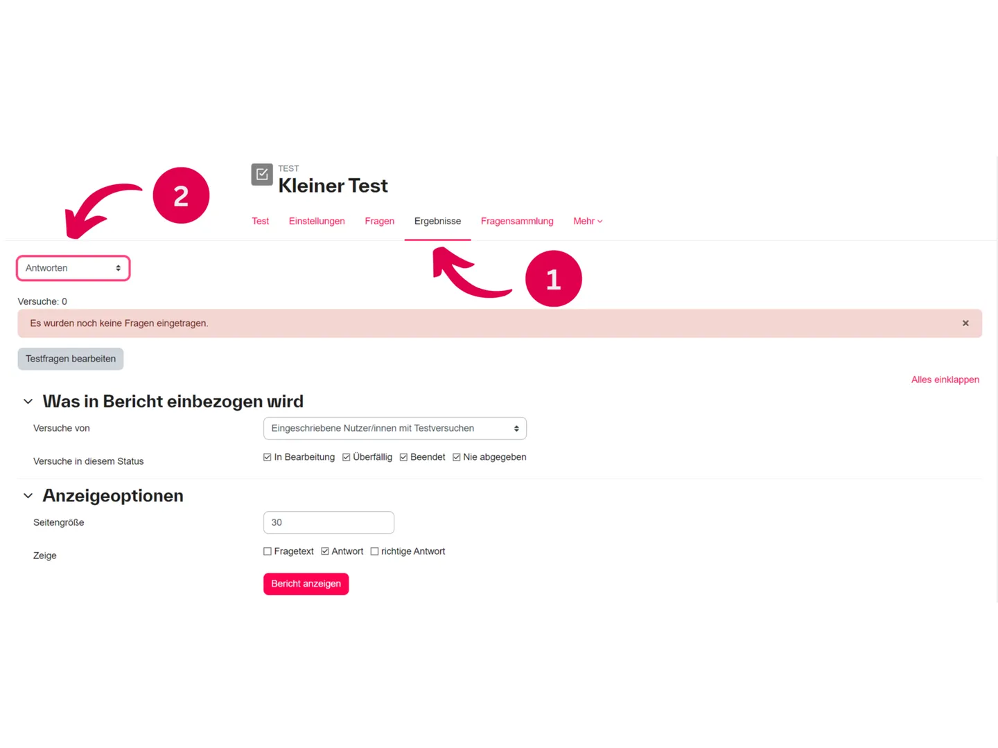Screenshot der Moodle-Ergebnisansicht eines Tests mit Exportoptionen für Antworten