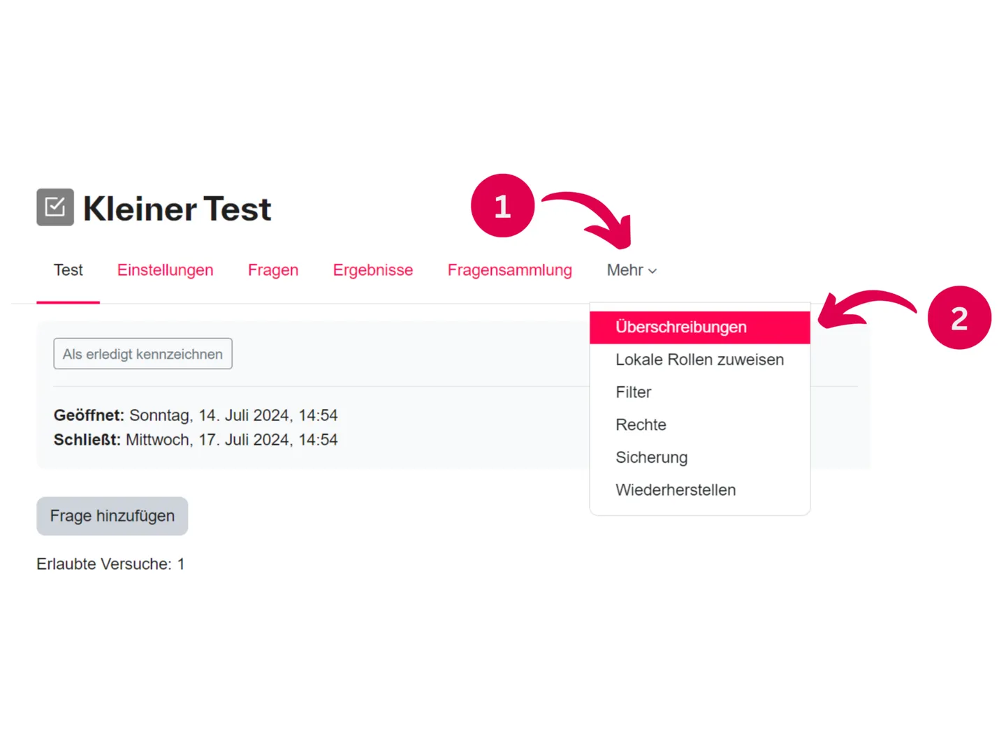 Screenshot des Moodle-Tests mit dem Menüpunkt Überschreibungen zur Zeitverlängerung