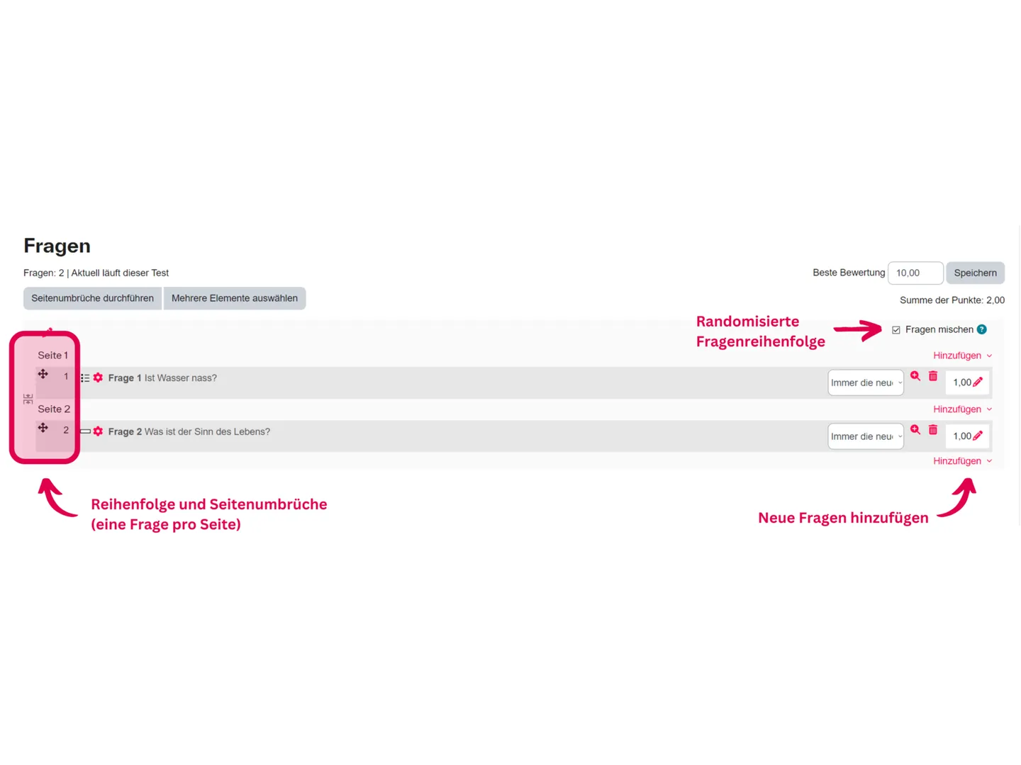 Screenshot der Moodle-Fragenübersicht eines Tests mit Reihenfolge der Fragen