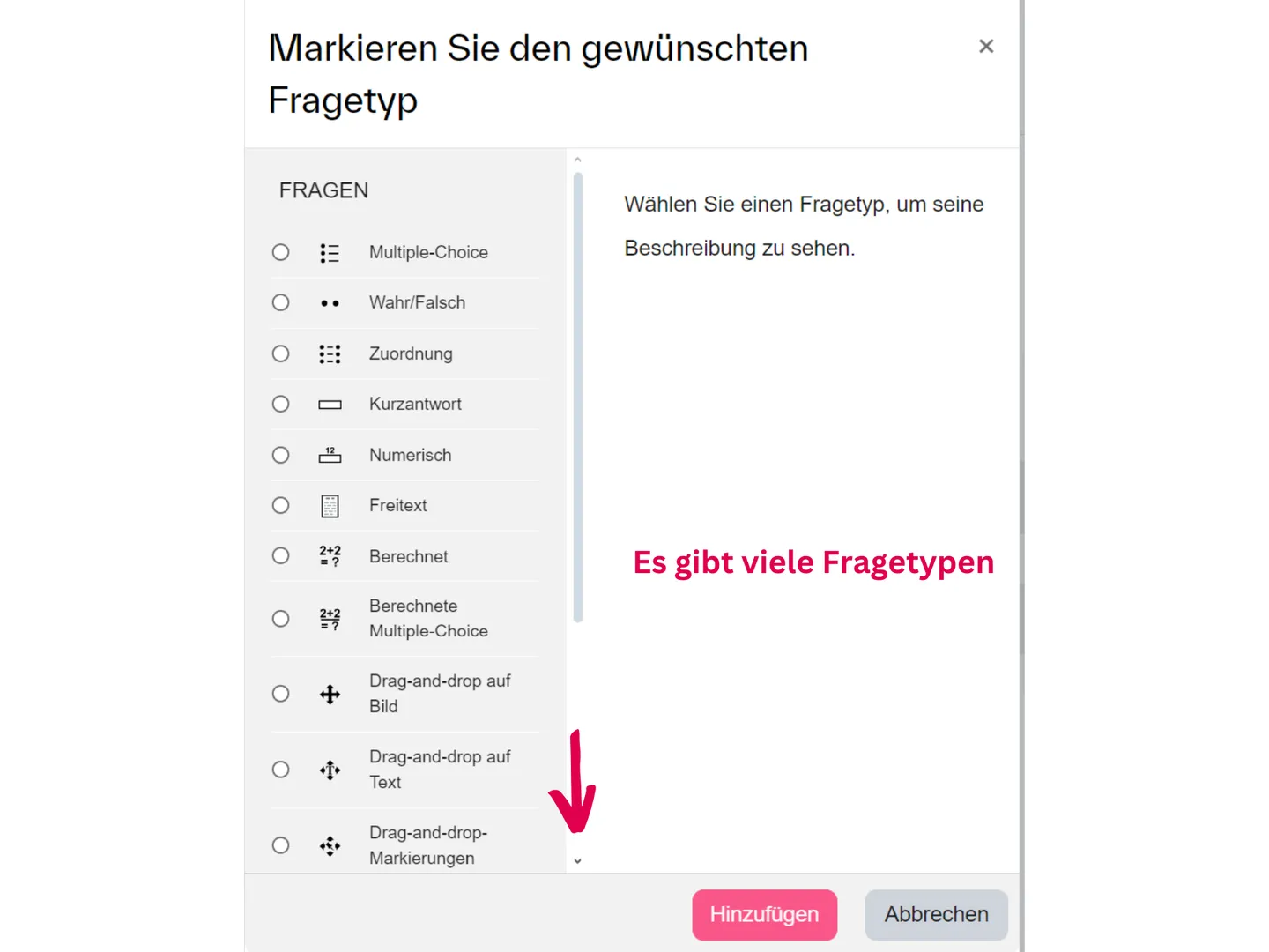 Screenshot der Auswahl der Fragetypen in Moodle