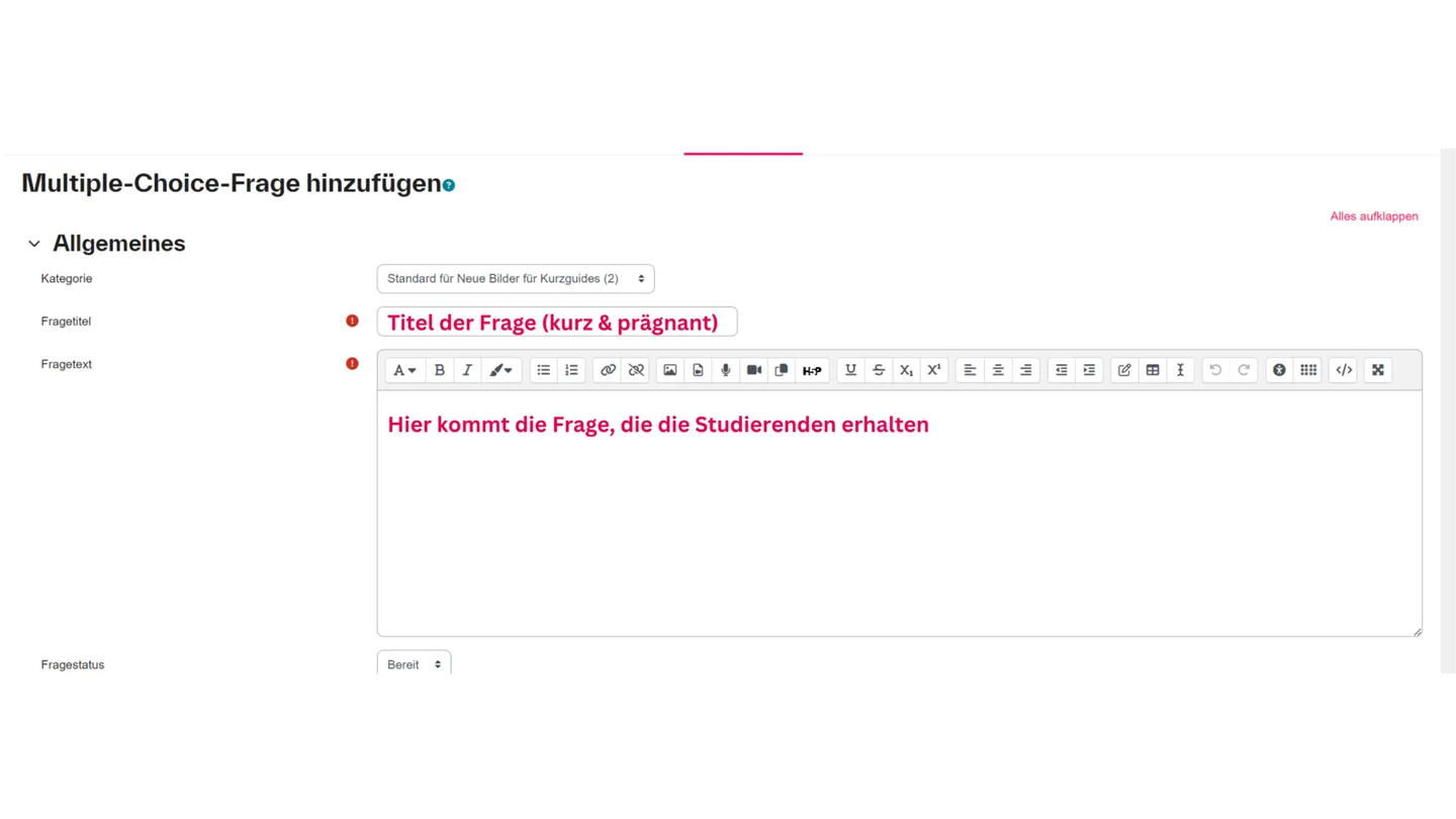 Screenshot des Moodle-Formulars für eine Multiple-Choice-Frage, Teil 1