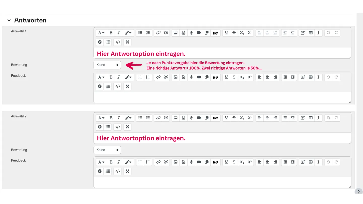 Screenshot des Moodle-Formulars für eine Multiple-Choice-Frage, Teil 2