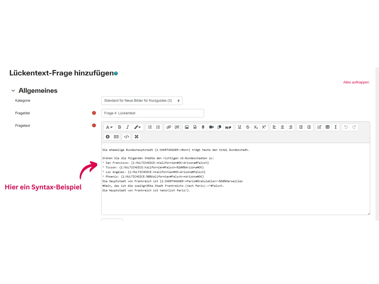 Screenshot des Fragetexts einer Moodle-Lückentextfrage mit Code