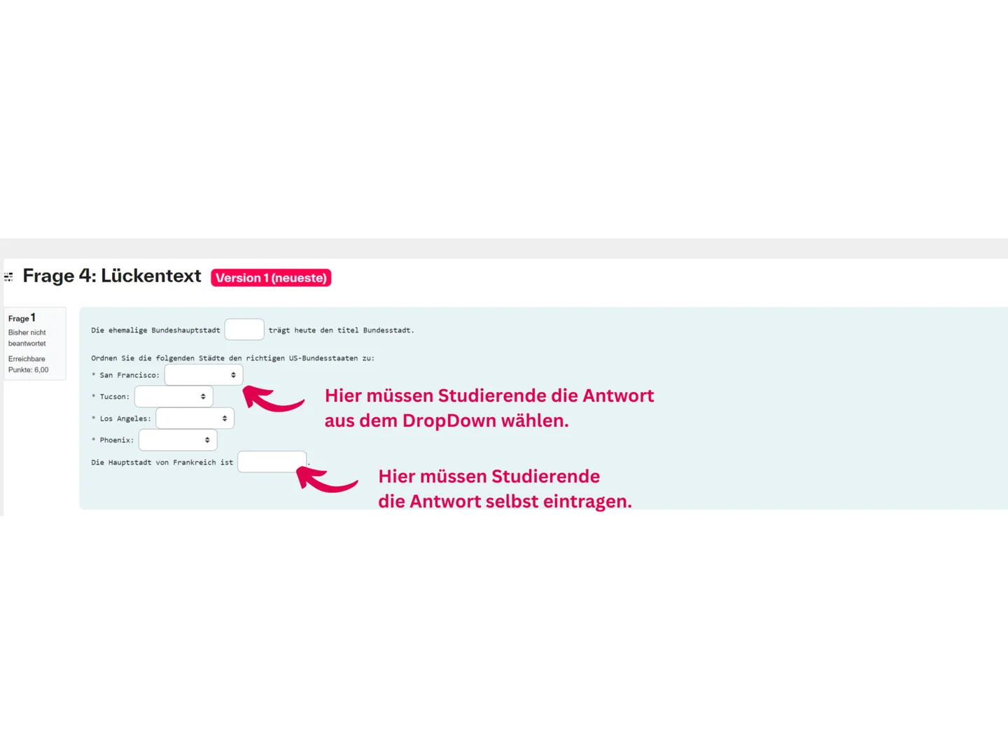 Screenshot der Ansicht einer Lückentextfrage für Studierende