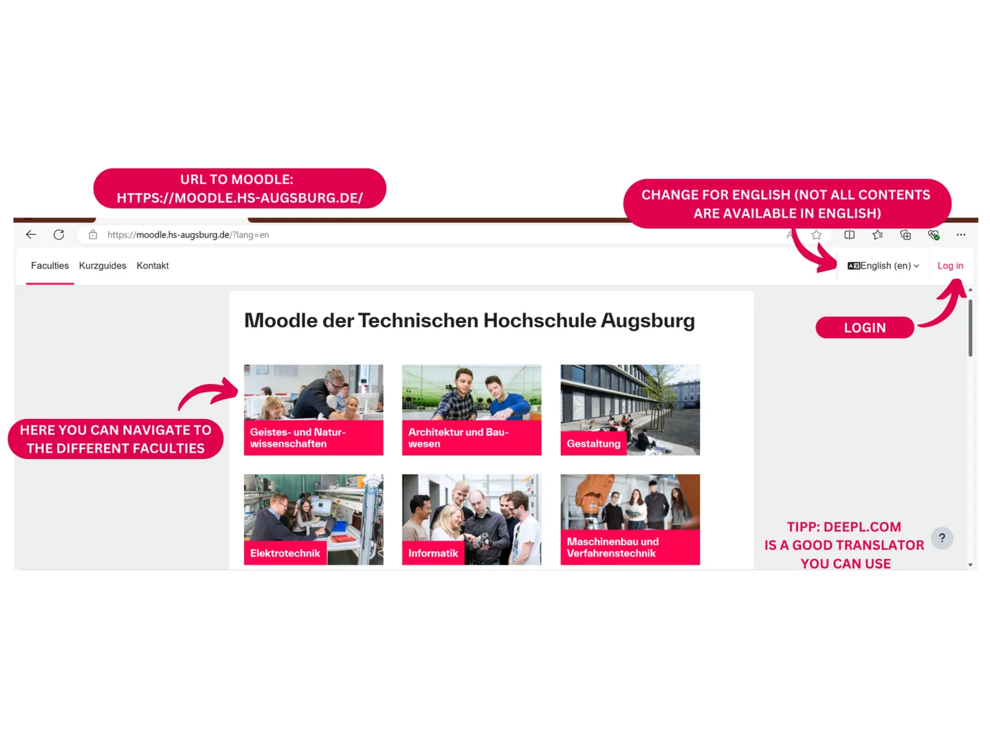 Moodle start page with login and navigation