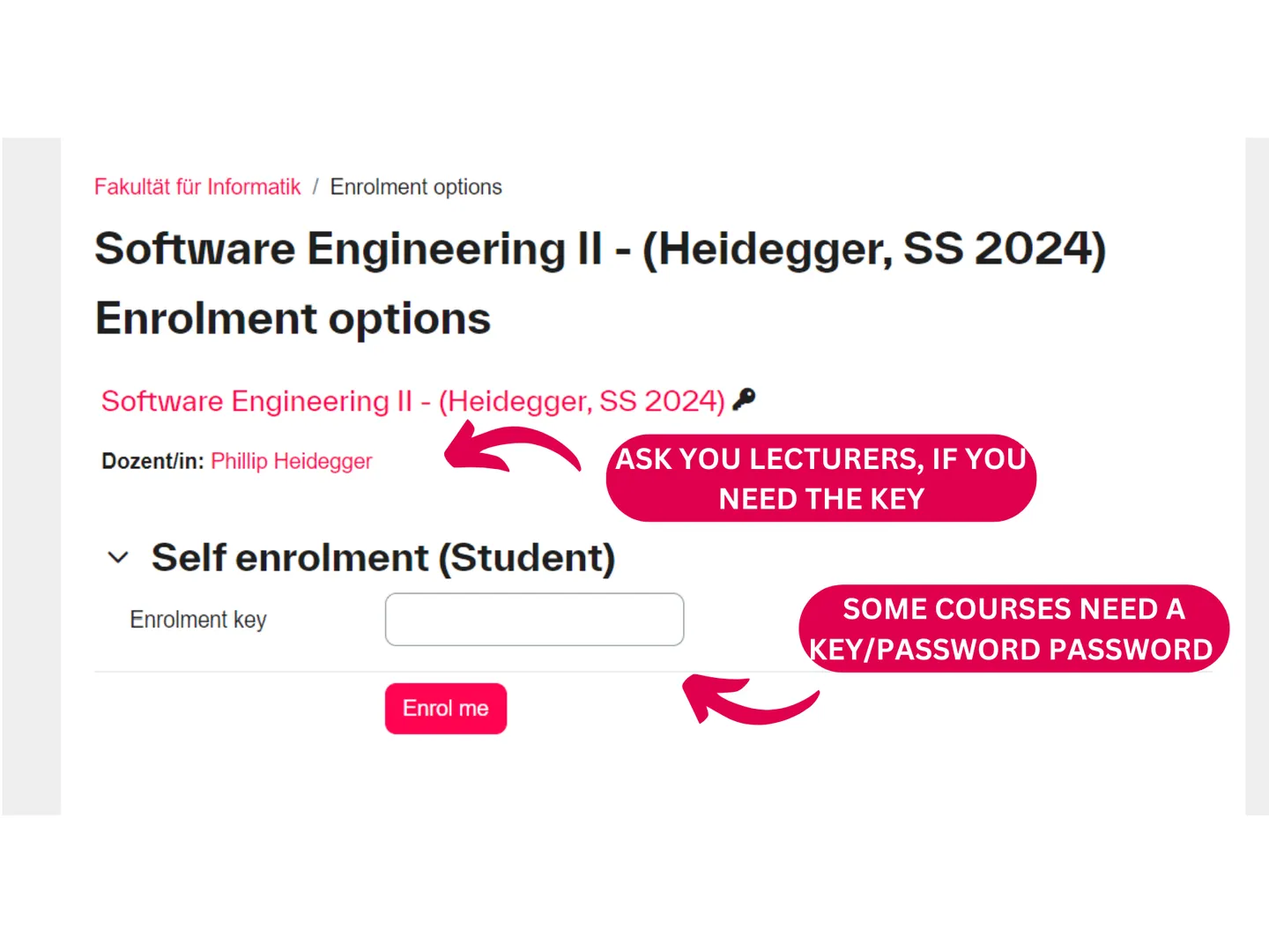 Entering the enrolment key for a Moodle course