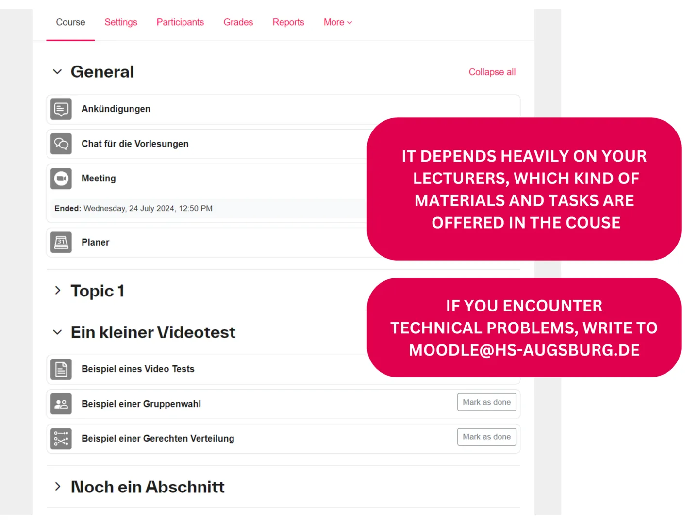Content of a Moodle course