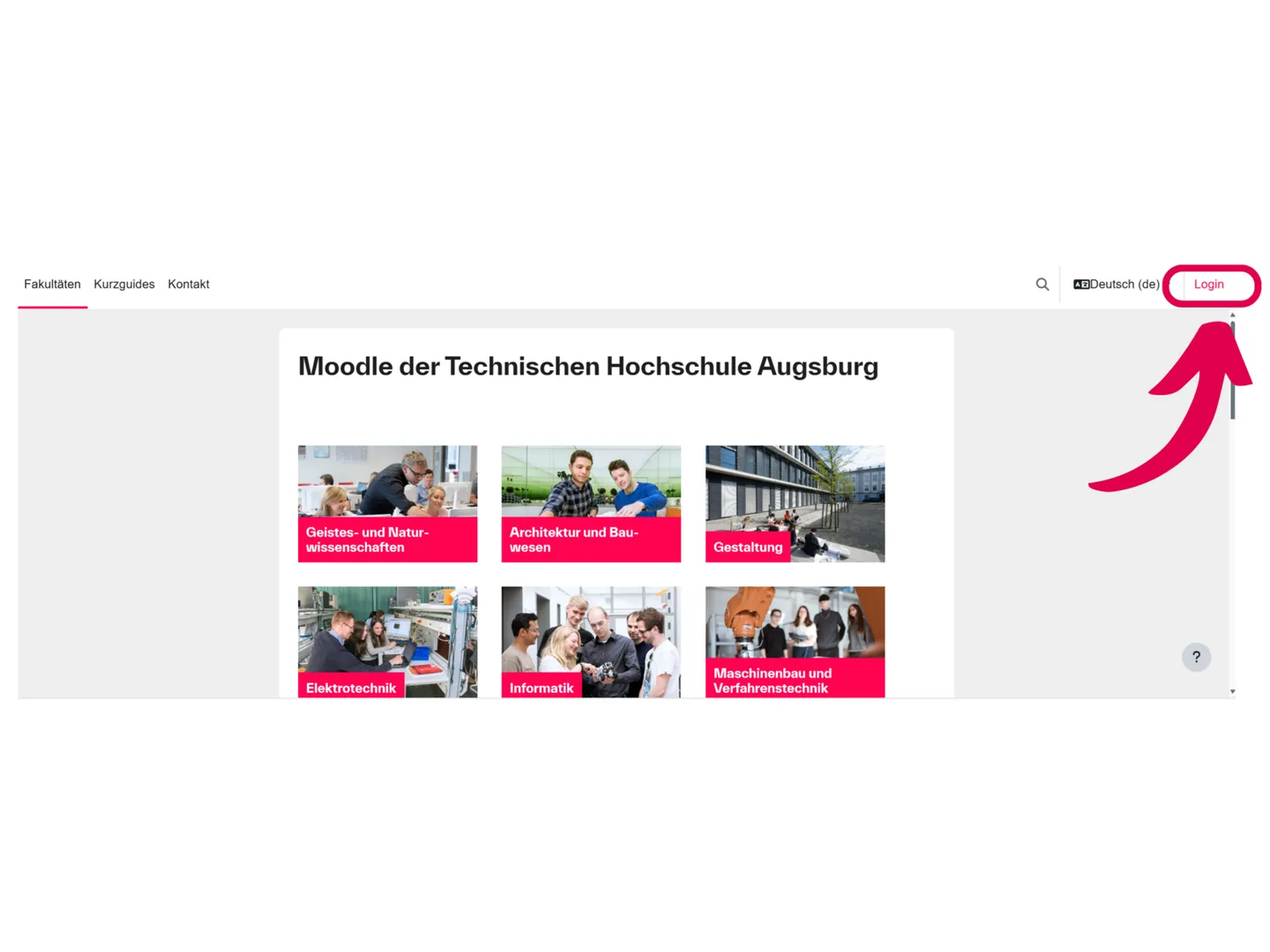 Screenshot der Moodle-Startseite mit dem Login rechts oben