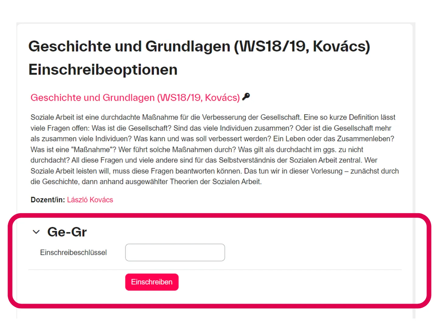 Screenshot der Moodle-Einschreibeseite eines Kurses