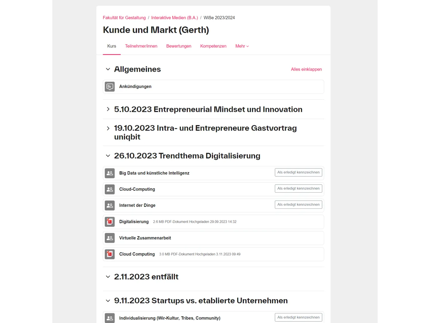 Screenshot einer Moodle-Kursseite mit Einschreibeschlüssel
