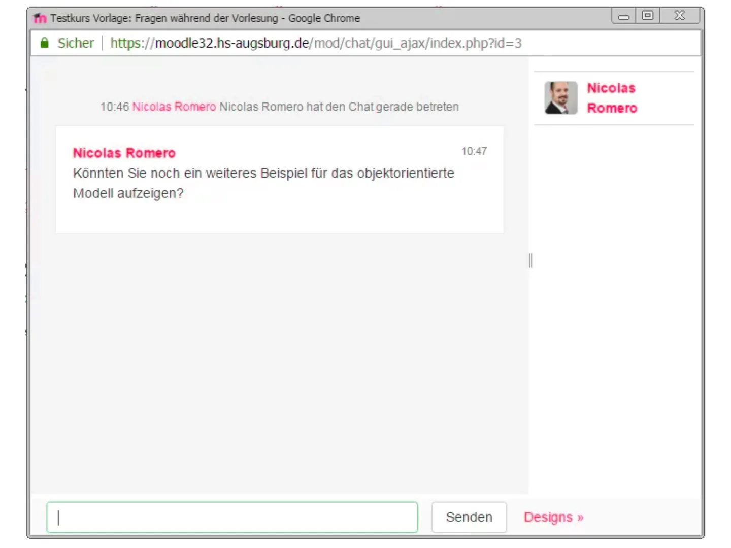 Screenshot eines Moodle-Chats mit einer Frage im Chatfenster