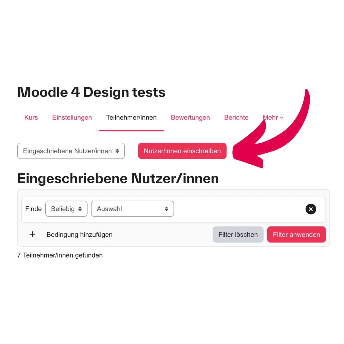Screenshot der Seite „Eingeschriebene Nutzer/innen“ mit markierter Schaltfläche „Nutzer/innen einschreiben“
