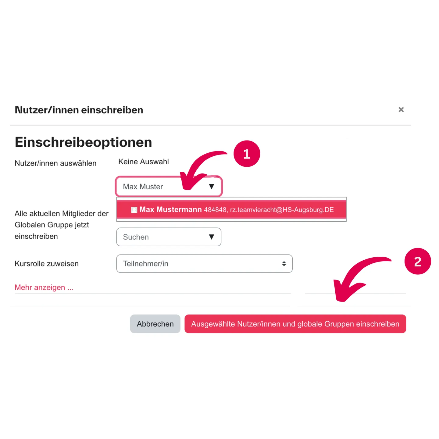 Screenshot des Dialogs „Nutzer/innen einschreiben“ mit Suchfeld (1) und Schaltfläche zum Einschreiben (2)