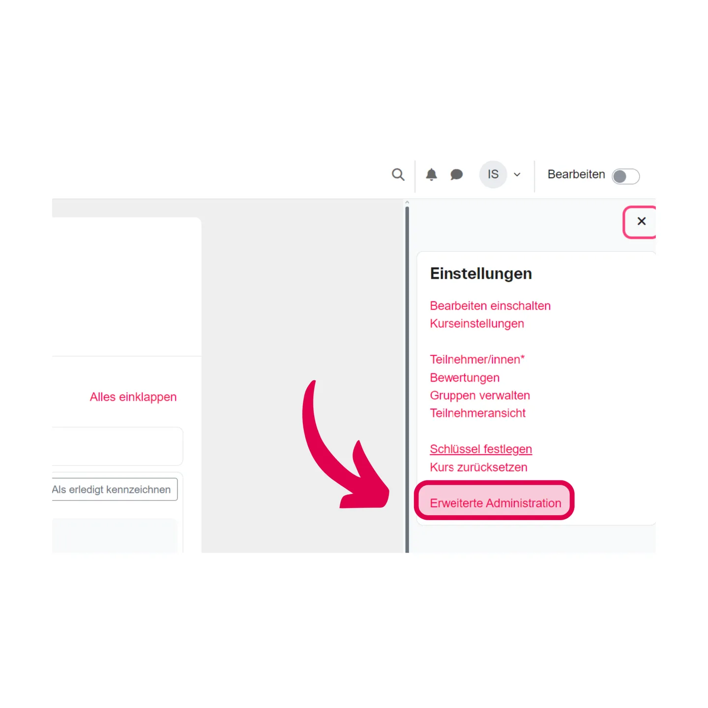 Screenshot des Einstellungsmenüs eines Kurses mit markiertem Eintrag „Erweiterte Administration“