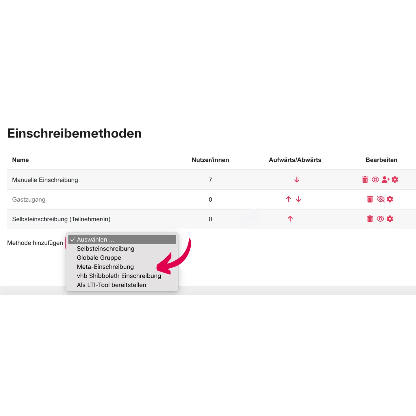Screenshot der Übersicht der Einschreibemethoden mit geöffnetem Auswahlmenü zum Hinzufügen einer Methode