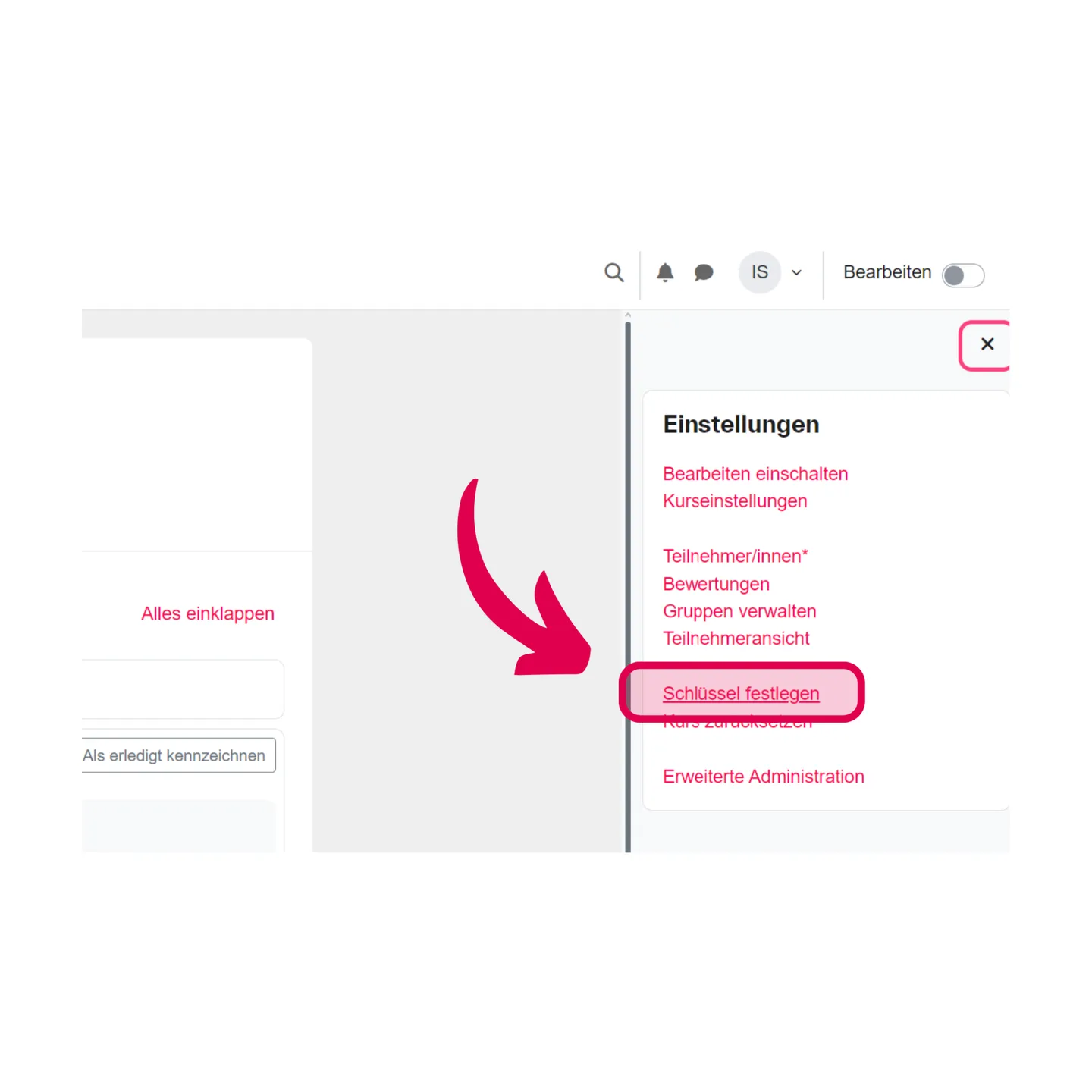 Screenshot des Einstellungsmenüs eines Kurses mit markiertem Eintrag „Schlüssel festlegen“