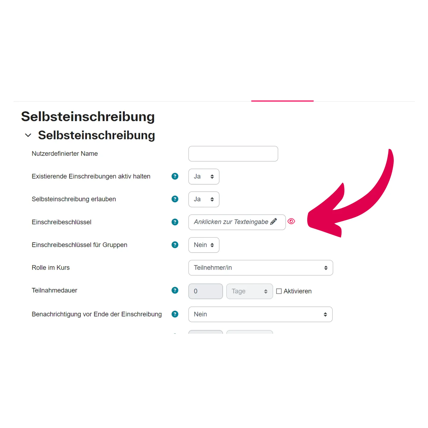 Screenshot der Einstellungen zur Selbsteinschreibung mit markiertem Feld „Einschreibeschlüssel“