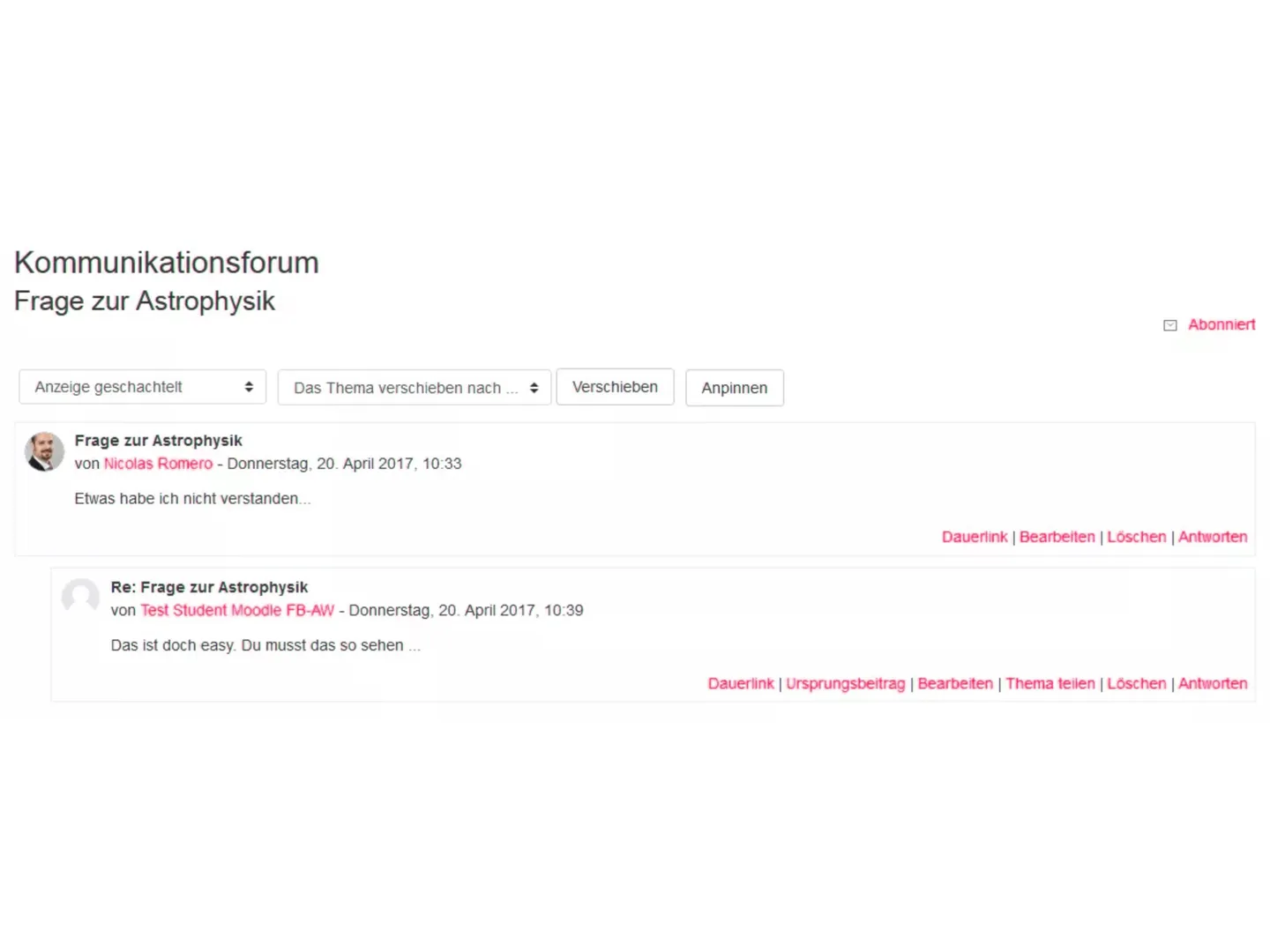 Screenshot eines Moodle-Forums mit Diskussionsbeiträgen