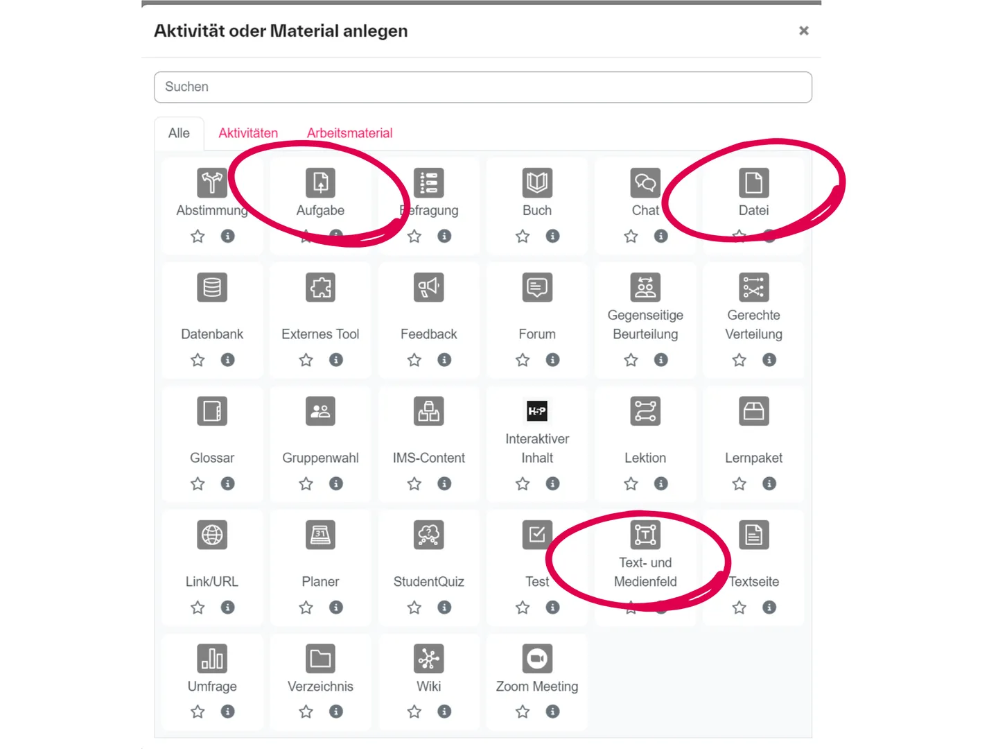 Screenshot des Auswahlfensters mit den verfügbaren Aktivitäten und Materialien