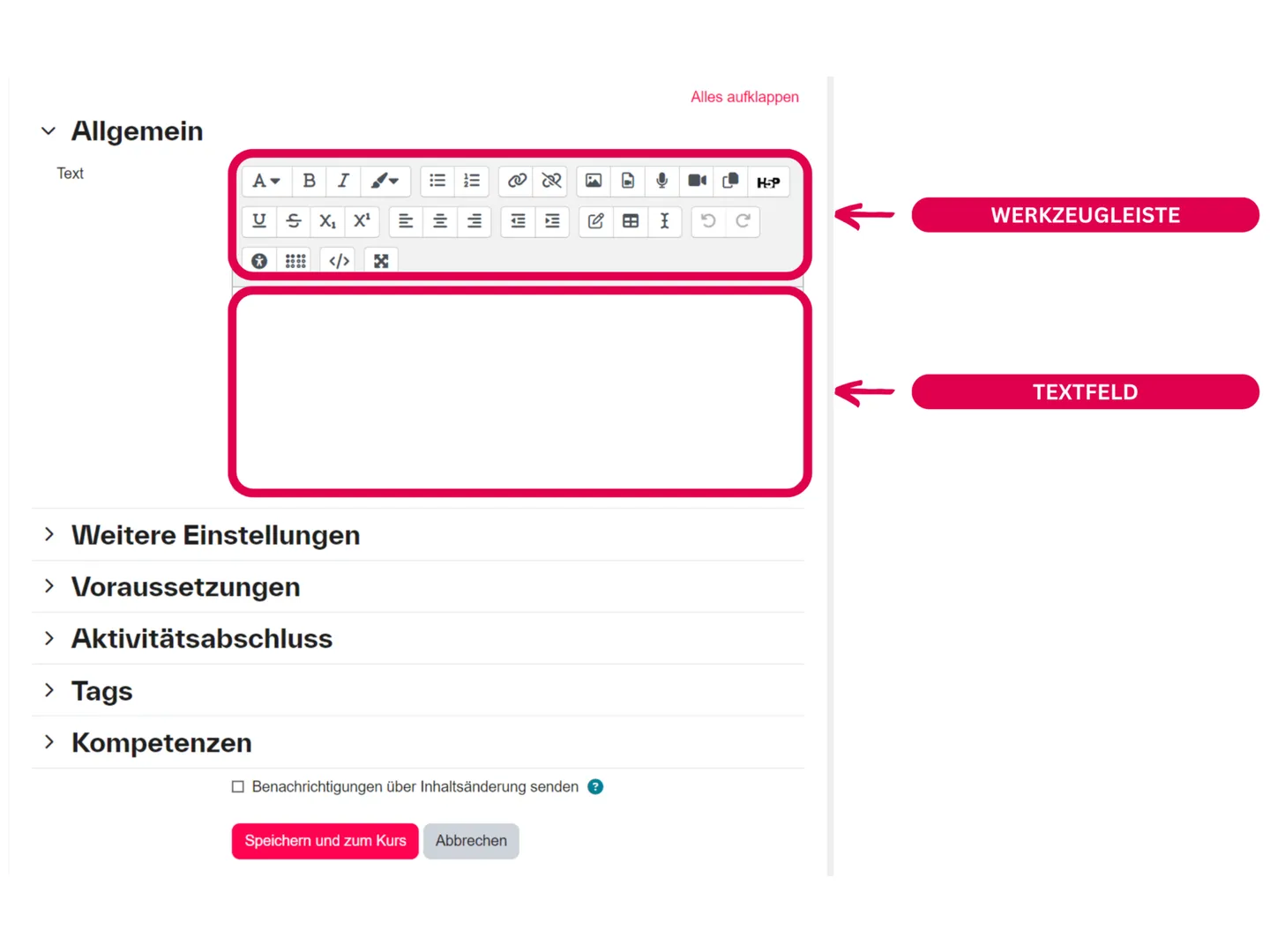 Screenshot des Eingabeformulars für ein Textfeld mit markierter Formatierungsleiste und Textbereich