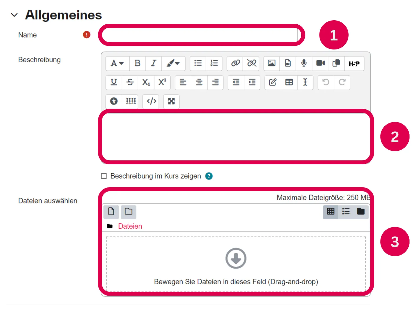 Screenshot des Formulars für das Material „Datei“ mit den markierten Feldern Titel (1), Beschreibung (2) und Dateiauswahl (3)