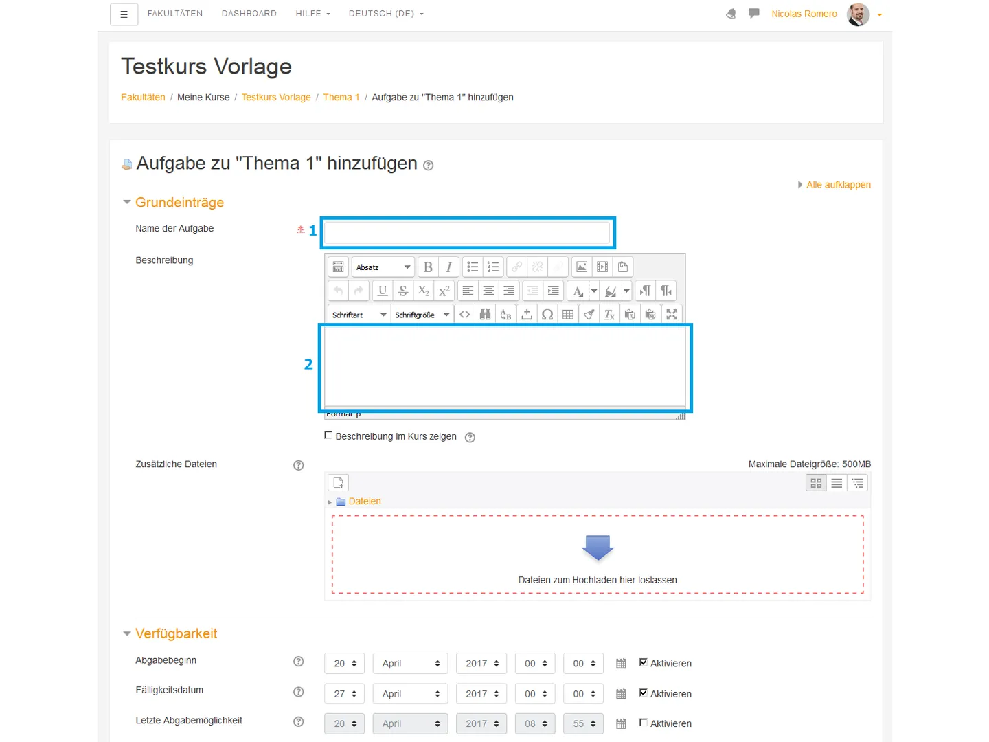 Screenshot des Formulars für die Aktivität „Aufgabe“ mit Titel, Aufgabenstellung und Terminen