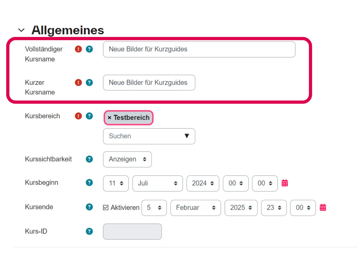 Screenshot der Kurseinstellungen mit den Feldern für vollständigen Kursnamen und Kurznamen