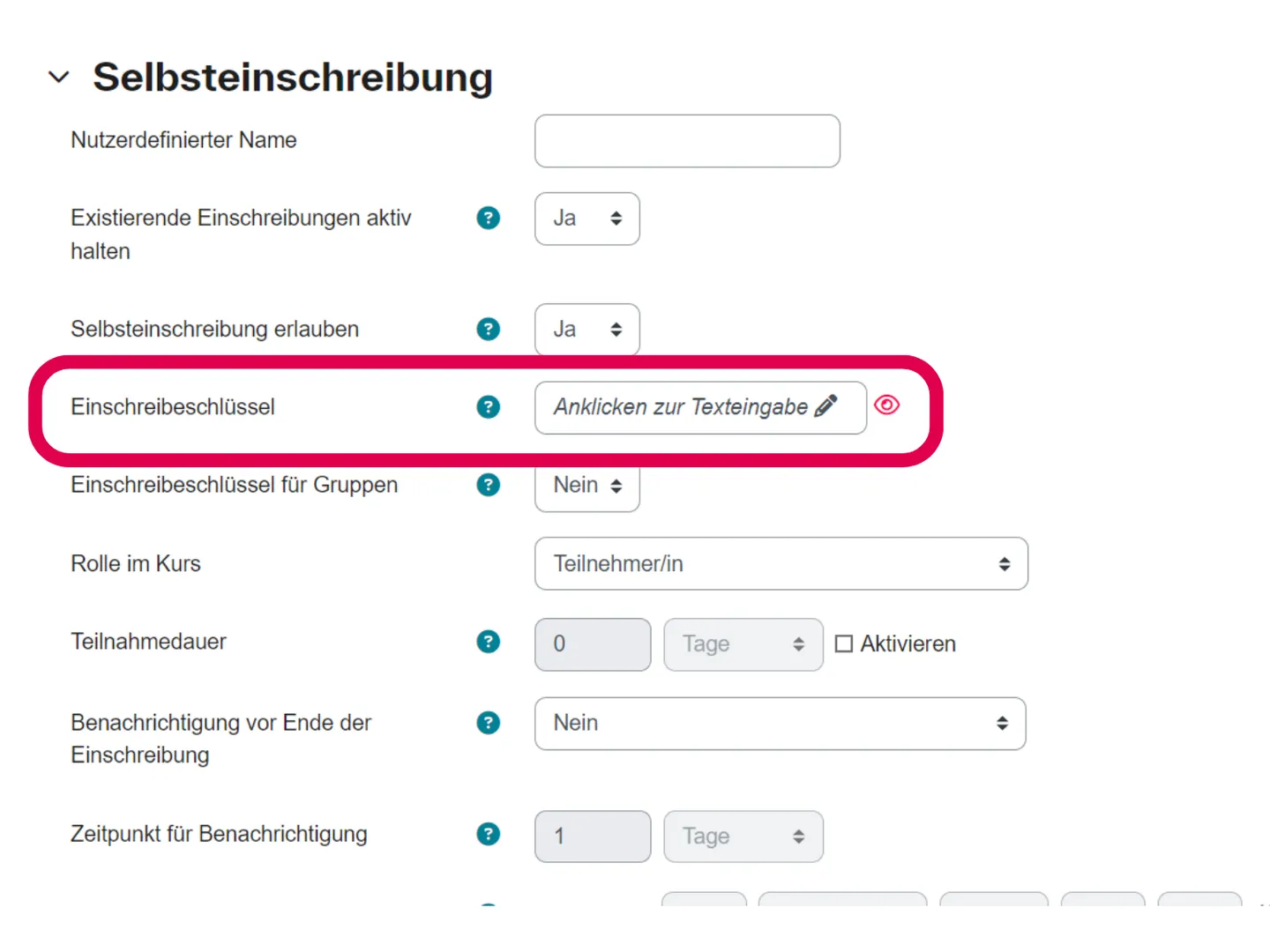 Screenshot der Einstellungen zur Selbsteinschreibung mit markiertem Feld „Einschreibeschlüssel“