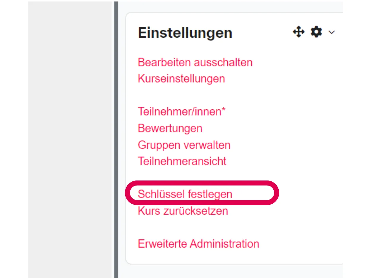Screenshot des Einstellungsmenüs eines Kurses mit markiertem Eintrag „Schlüssel festlegen“