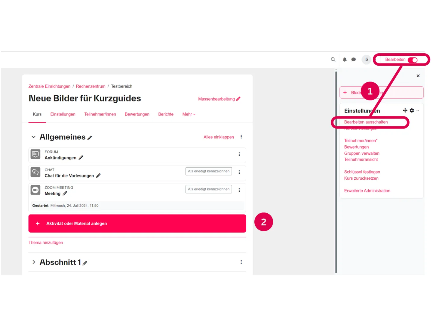 Screenshot einer Kursseite mit markiertem Schalter „Bearbeiten“ (1) und der Schaltfläche zum Hinzufügen von Inhalten (2)