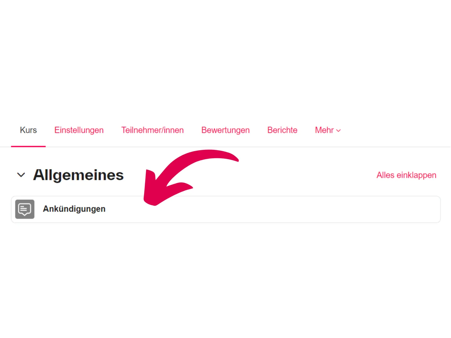 Screenshot einer Kursseite mit markiertem Forum „Ankündigungen“