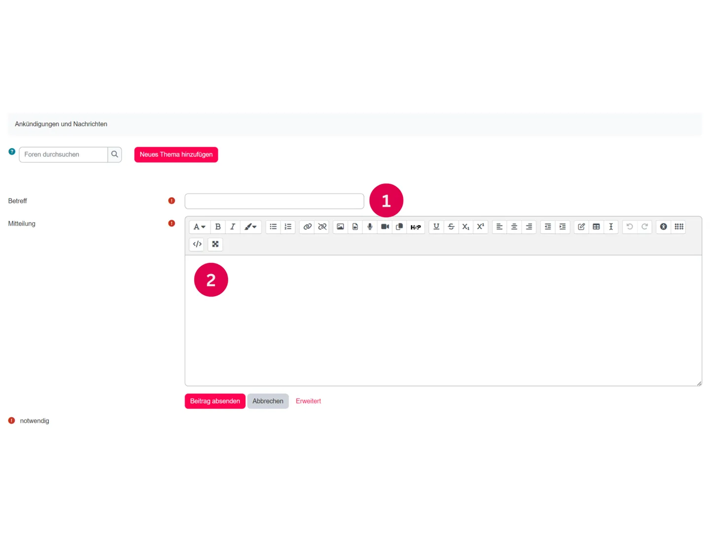 Screenshot des Formulars für eine neue Ankündigung mit Betreff (1) und Inhalt (2)