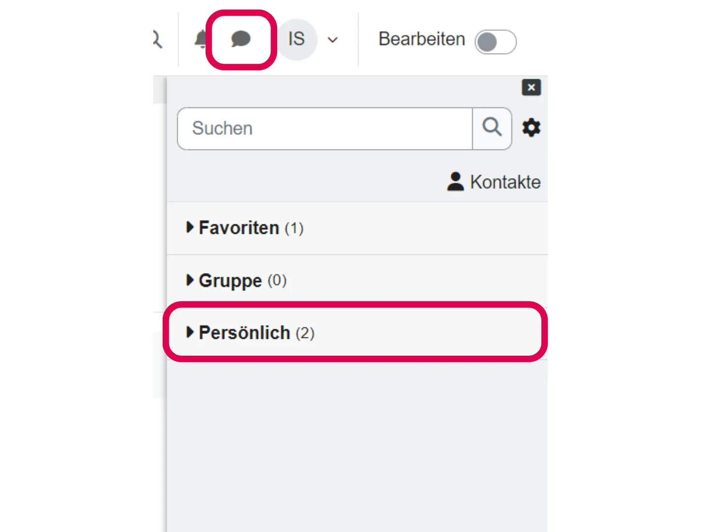Screenshot des geöffneten Moodle-Messengers mit markiertem Chat-Symbol und den Bereichen Favoriten, Gruppe und Persönlich