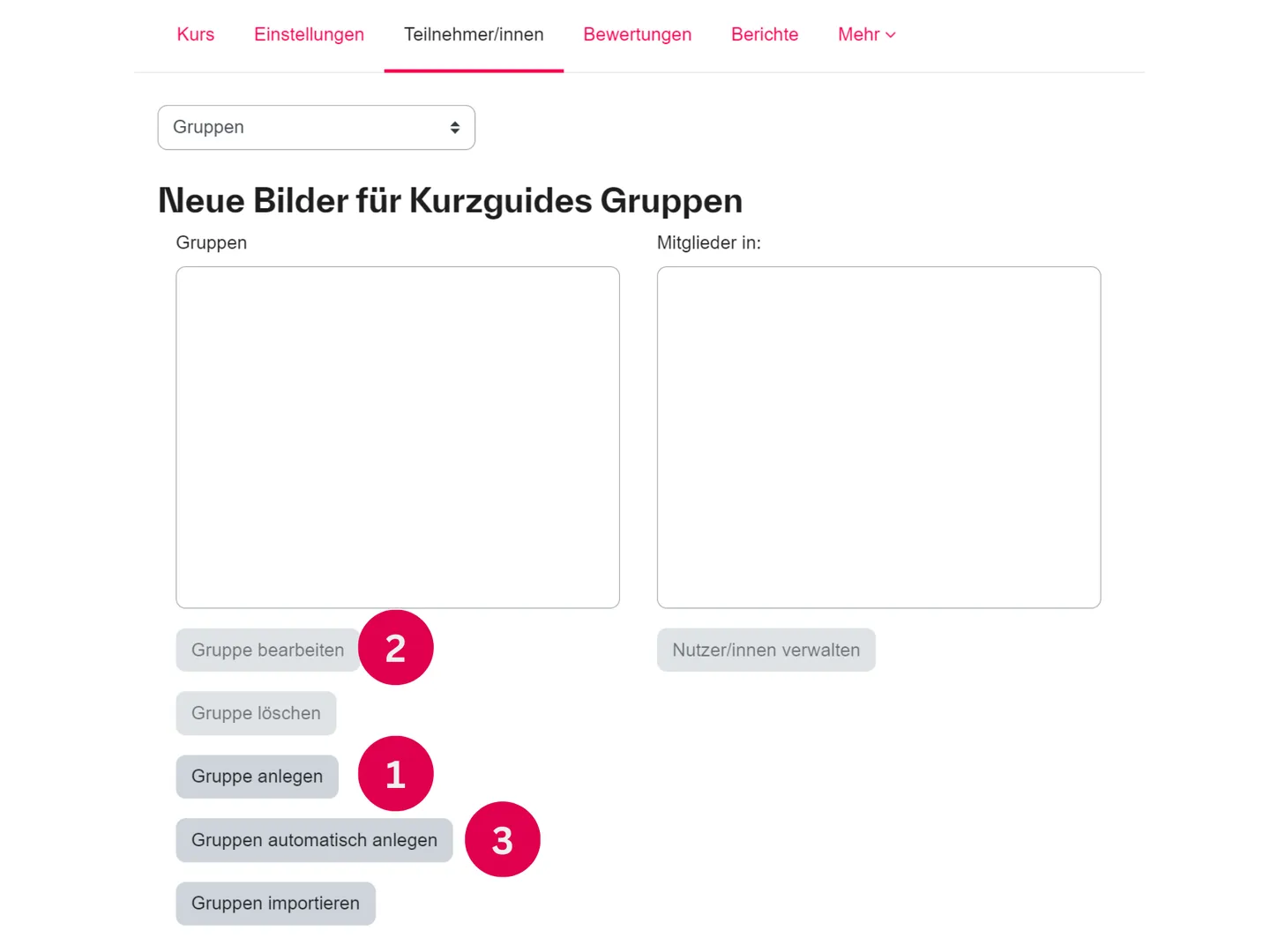 Screenshot der Moodle-Seite Gruppen verwalten mit den Schaltflächen zum Anlegen und Bearbeiten von Gruppen