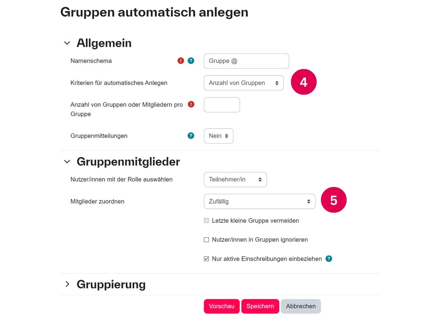Screenshot des Moodle-Formulars Gruppen automatisch anlegen mit Kriterien und Mitgliederzuordnung