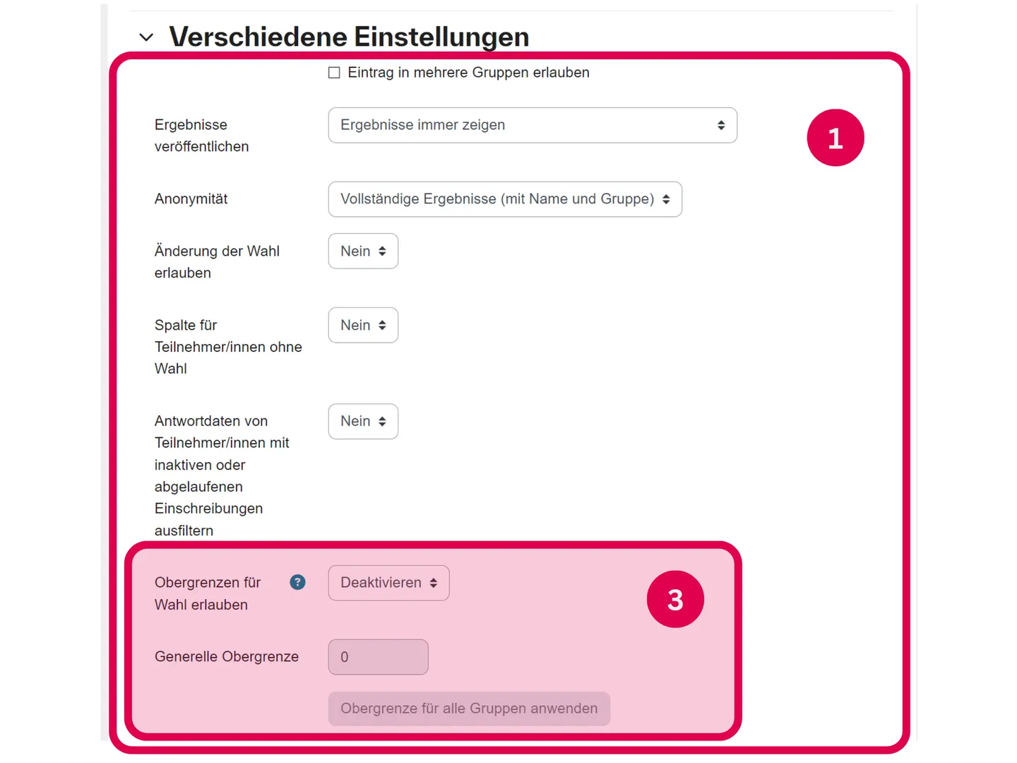 Screenshot der Einstellungen der Moodle-Aktivität Gruppenwahl