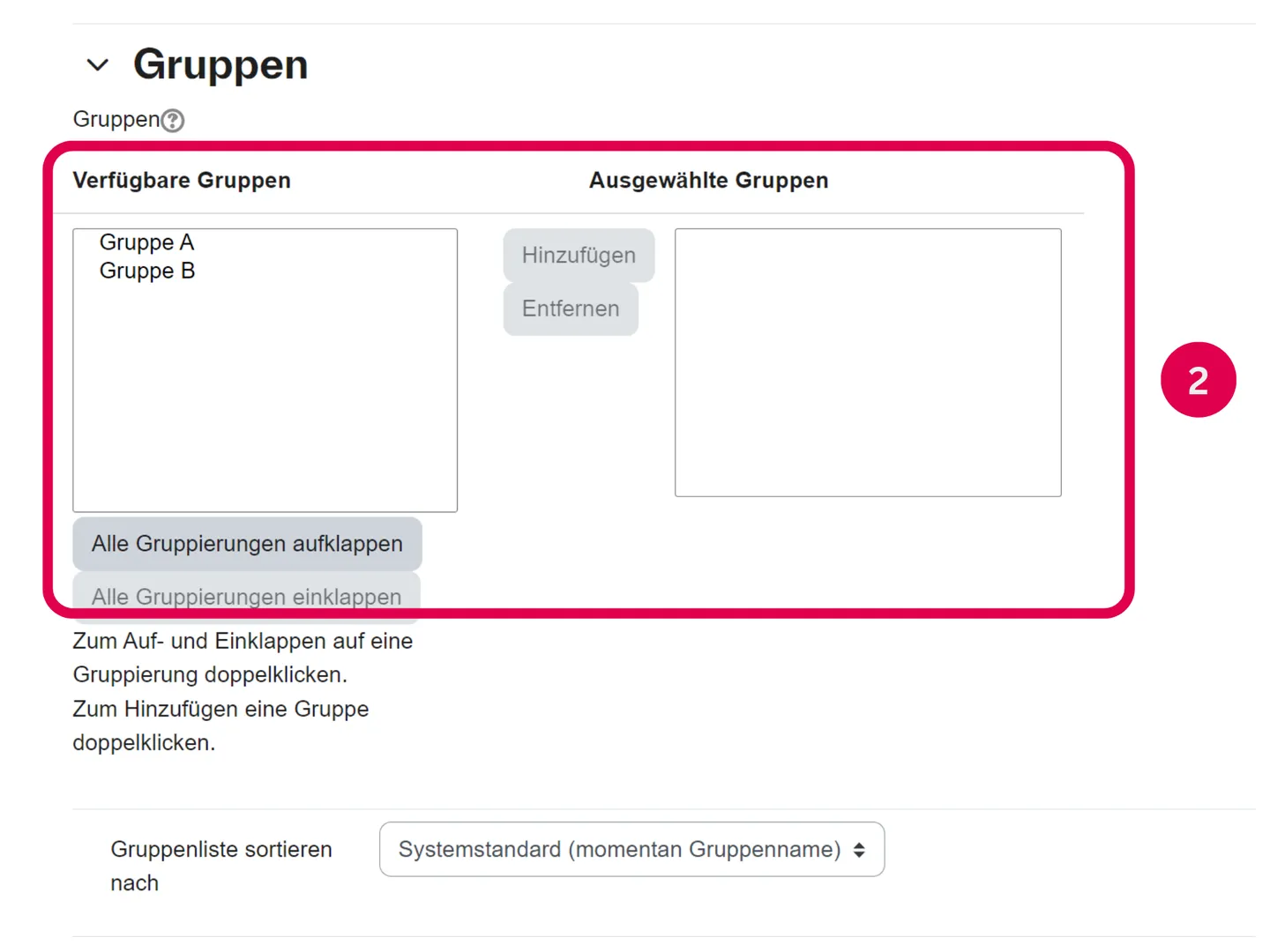 Screenshot der Gruppenauswahl und Obergrenzen in der Moodle-Gruppenwahl